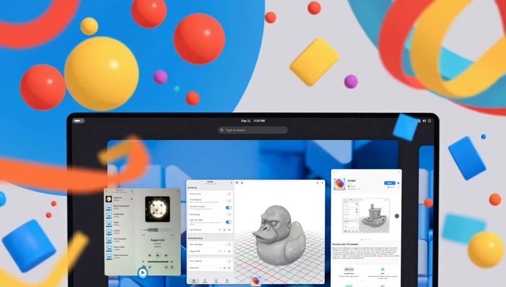 Portátil abierto mostrando herramientas digitales y un modelo 3D en pantalla, rodeado de formas geométricas coloridas que evocan creatividad, diversión y entretenimiento.