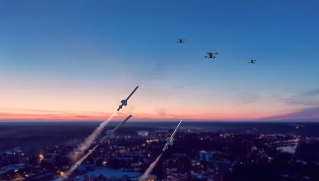 Ilustración de un cielo al atardecer sobre una ciudad donde varios misiles son lanzados hacia un grupo de drones en vuelo.