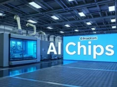 OpenAI se asocia con Broadcom para desarrollar chips de IA personalizados con lanzamiento previsto para 2026 Entorno industrial moderno con iluminación fría y maquinaria automatizada en funcionamiento. En el fondo, una gran pantalla azul muestra el texto "Broadcom AI Chips" en letras blancas, destacando el enfoque en chips de inteligencia artificial.