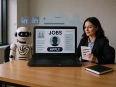 OpenAI devora empleos y luego te ofrece ayuda para encontrar uno nuevo en Walmart Un robot humanoide se sienta junto a una mujer con traje en un escritorio donde hay un portátil que muestra una pantalla de solicitud de empleo con las palabras “JOBS” y “APPLY”. La mujer sostiene un papel y sobre la mesa hay un cuaderno, en un entorno de oficina moderno que combina tecnología y colaboración humana.