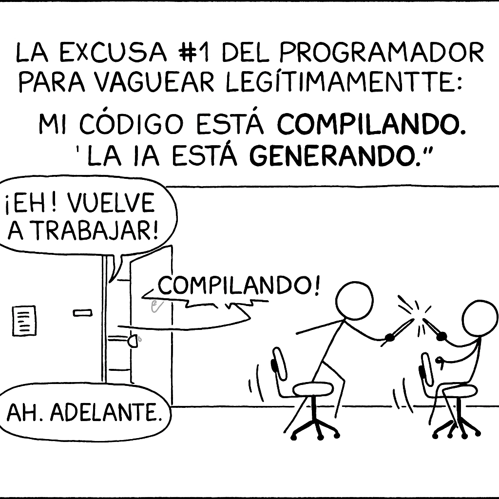 Viñeta cómica en blanco y negro con estilo de dibujo simple de palitos. El texto superior dice: 'La excusa #1 del programador para vaguear legítimamente: Mi código está compilando. La IA está generando.' En la escena, dos programadores juegan a pelear con palos mientras giran en sillas. Una persona les grita desde la puerta: '¡Eh! Vuelve a trabajar!', a lo que uno de los programadores responde '¡Compilando!' y la persona replica 'Ah. Adelante.'