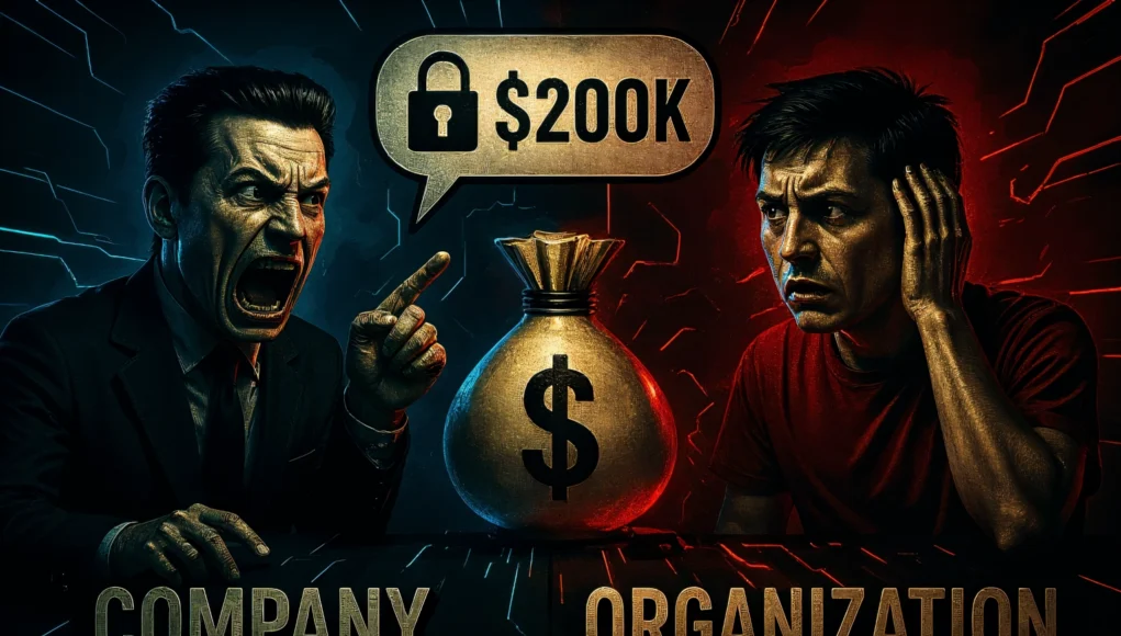 Ilustración digital oscura y dramática que muestra a un hombre de traje gritando y señalando con gesto amenazante hacia otro hombre en camiseta roja que luce preocupado. Entre ellos aparece un gran saco de dinero con un símbolo de dólar, sobre el cual flota un globo de diálogo metálico con un candado y la cifra $200K. Los colores azules y rojos dividen la escena, simbolizando el conflicto de poder entre una gran corporación y una organización vulnerable.