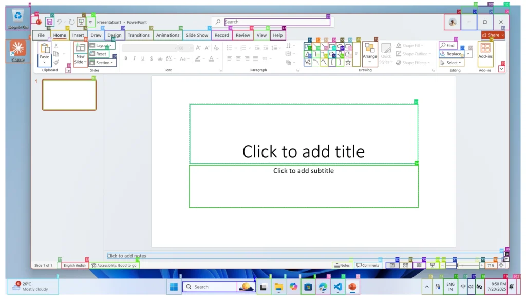 Captura de pantalla de Windows con Microsoft PowerPoint abierto en un documento nuevo. La diapositiva en blanco muestra cuadros de texto para añadir título y subtítulo, ambos resaltados con recuadros verdes. La cinta de herramientas superior y otros botones de la interfaz tienen resaltados de colores que marcan elementos interactivos. En la parte inferior aparece la barra de tareas de Windows con varios iconos abiertos.