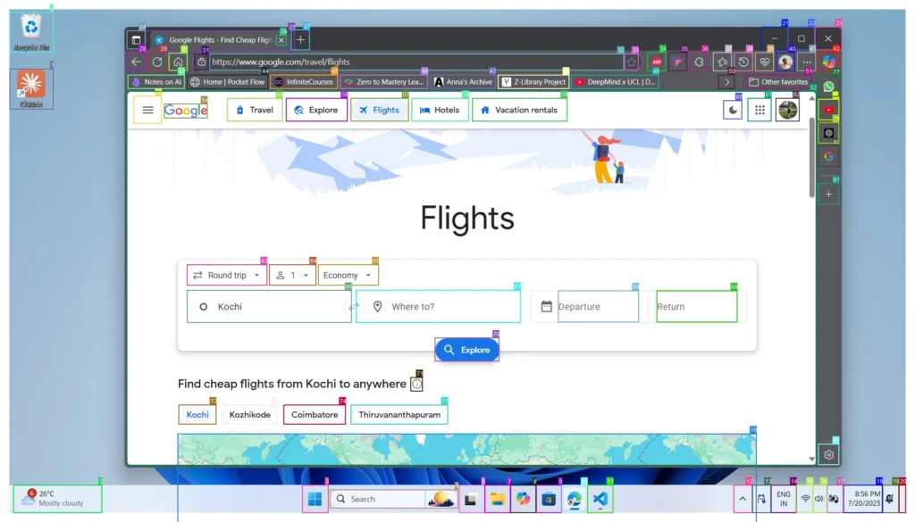 Captura de pantalla de Windows mostrando un navegador web abierto en Google Flights. La página tiene resaltados de colores alrededor de botones y campos de búsqueda como “Round trip”, “Economy”, “Where to?”, “Departure” y “Return”, indicando elementos interactivos de la interfaz gráfica. Se observa además la barra de pestañas y accesos rápidos resaltados, junto a la barra de tareas de Windows en la parte inferior.
