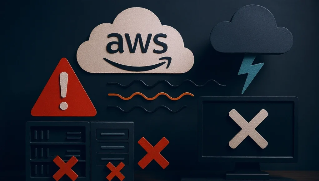 AWS Fallo Ilustración digital en formato horizontal que representa una caída de servicios de AWS. Se observa una nube con el logo de AWS, un icono rojo de advertencia, servidores con marcas de error, un monitor con una X blanca y una nube negra con un rayo, todo conectado por líneas onduladas que simbolizan la interrupción de la red.