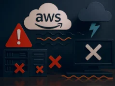 Un fallo oculto en AWS dejó internet temblando tras una condición de carrera en DNS que provocó un apagón global Ilustración digital en formato horizontal que representa una caída de servicios de AWS. Se observa una nube con el logo de AWS, un icono rojo de advertencia, servidores con marcas de error, un monitor con una X blanca y una nube negra con un rayo, todo conectado por líneas onduladas que simbolizan la interrupción de la red.