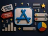 Apple anuncia el fin del código promocional en apps: nuevos recursos para desarrolladores y tienda App Store Logotipo de la App Store en el centro, rodeado de iconos relacionados con aplicaciones y marketing, como etiquetas de 'Offer Code' y 'Promo Code', símbolos de dólar, estrellas, barras de búsqueda y un gráfico circular de colores.