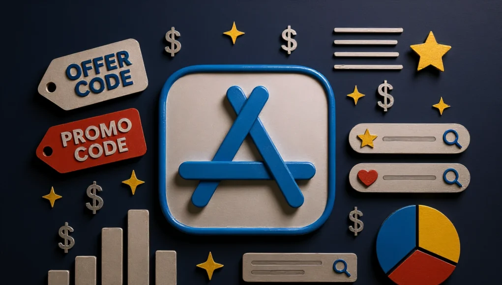 Codigos Promocionales Apple Logotipo de la App Store en el centro, rodeado de iconos relacionados con aplicaciones y marketing, como etiquetas de 'Offer Code' y 'Promo Code', símbolos de dólar, estrellas, barras de búsqueda y un gráfico circular de colores.