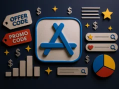 Apple anuncia el fin del código promocional en apps: nuevos recursos para desarrolladores y tienda App Store Logotipo de la App Store en el centro, rodeado de iconos relacionados con aplicaciones y marketing, como etiquetas de 'Offer Code' y 'Promo Code', símbolos de dólar, estrellas, barras de búsqueda y un gráfico circular de colores.