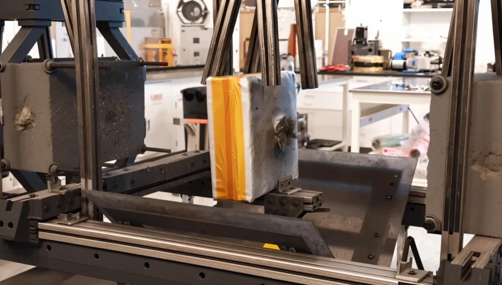 Armor Space Prueba de impacto balístico en un laboratorio, con un bloque protector dañado por proyectiles montado en una máquina de ensayo.