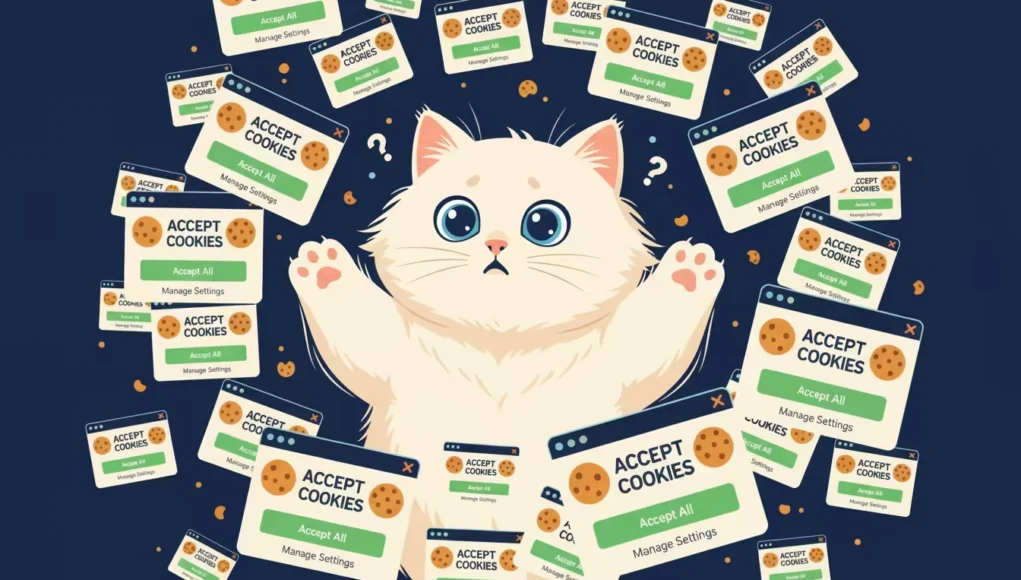 Banners Cookies Un gato con expresión confundida, rodeado de múltiples ventanas emergentes de 'Aceptar cookies' en un fondo oscuro.