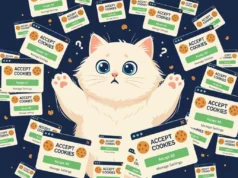 El gran fracaso de los banners de cookies: Por qué la ley debería centrarse en los navegadores y no en los sitios web Un gato con expresión confundida, rodeado de múltiples ventanas emergentes de 'Aceptar cookies' en un fondo oscuro.
