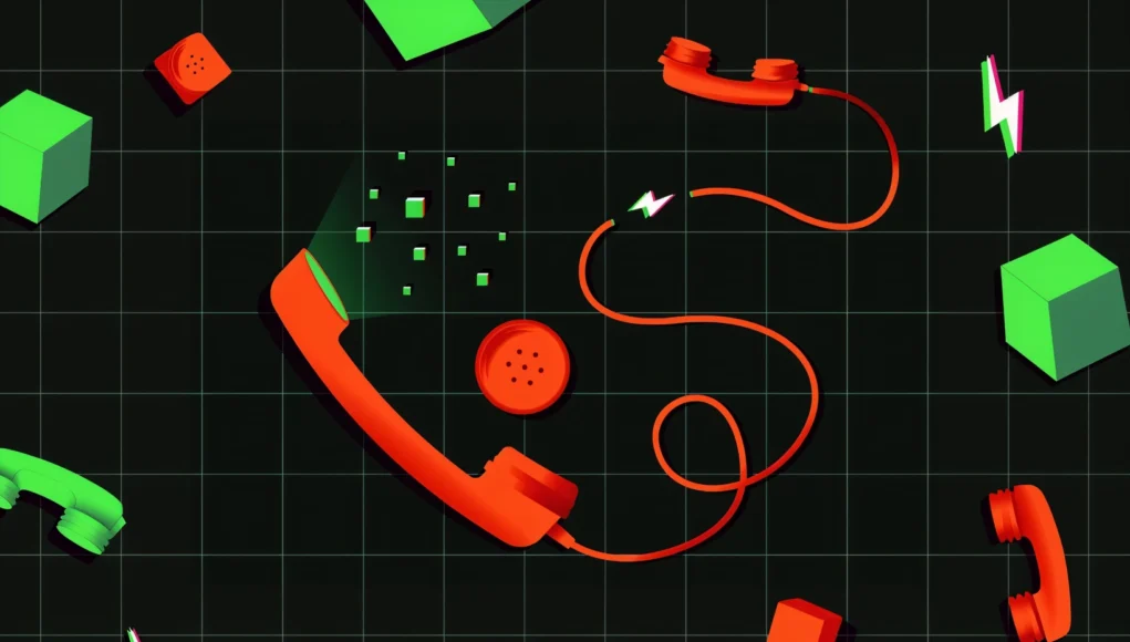 Deepfakes Seguridad Un auricular de teléfono roto con el cable desenchufado y píxeles verdes flotando fuera del receptor sobre un fondo oscuro cuadriculado.