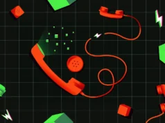 Las deepfakes de voz en tiempo real ya pueden suplantar a cualquier persona Un auricular de teléfono roto con el cable desenchufado y píxeles verdes flotando fuera del receptor sobre un fondo oscuro cuadriculado.