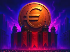 Cuando la democracia es un obstáculo, la prisa del BCE por imponer el euro digital Ilustración distópica surrealista de una multitud de personas uniformadas y sin rasgos definidos, reunidas frente a un imponente edificio cubierto con banderas rojas, coronado por una gigantesca moneda de euro brillante sobre un cielo púrpura y oscuro. La escena transmite la idea del dinero como fuerza dominante sobre la sociedad y la democracia.