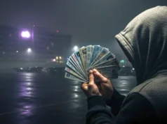 Discord sufre una grave filtración de datos que expone documentos de identidad de usuarios Persona con sudadera con capucha levantada, de espaldas y en penumbra, sostiene un abanico de billetes y documentos de identidad en lo que parece ser un aparcamiento nocturno iluminado por farolas, transmitiendo una atmósfera clandestina.