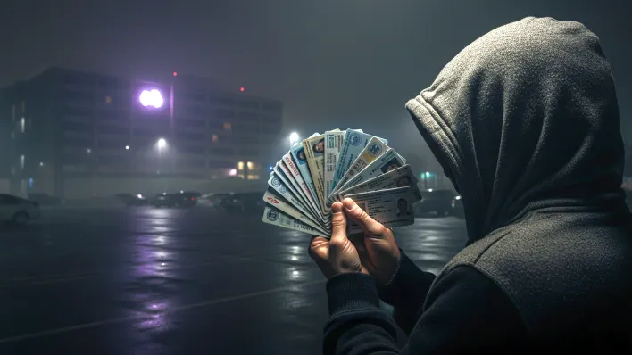 Discord Filtración Datos Persona con sudadera con capucha levantada, de espaldas y en penumbra, sostiene un abanico de billetes y documentos de identidad en lo que parece ser un aparcamiento nocturno iluminado por farolas, transmitiendo una atmósfera clandestina.