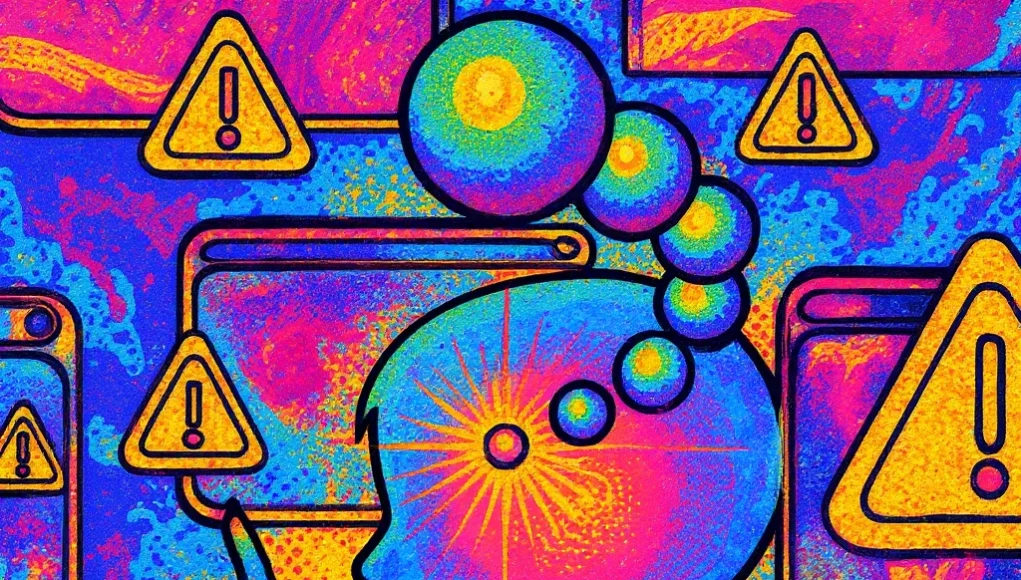 Ilustración psicodélica en colores vibrantes (azul, rosa, morado, amarillo y naranja) que muestra la silueta de un niño señalando una pantalla. Su cabeza está iluminada con un destello y conectada a esferas que simbolizan pensamientos. Alrededor aparecen múltiples pantallas con triángulos de advertencia con signos de exclamación, representando alertas o riesgos relacionados con la educación y la tecnología.