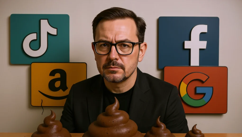 Enshitificacion Redes Sociales Un hombre con gafas y expresión seria aparece sentado frente a una mesa con montones de excremento en forma caricaturesca. Detrás de él se ven los logotipos de TikTok, Amazon, Facebook y Google, representando la crítica a la degradación de las plataformas digitales.