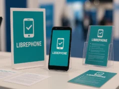La Free Software Foundation lanza el proyecto Librephone para liberar los teléfonos móviles Stand promocional del proyecto LibrePhone, con un teléfono móvil en exposición acompañado de carteles y folletos en color turquesa que muestran el logotipo de un smartphone con una marca de verificación.