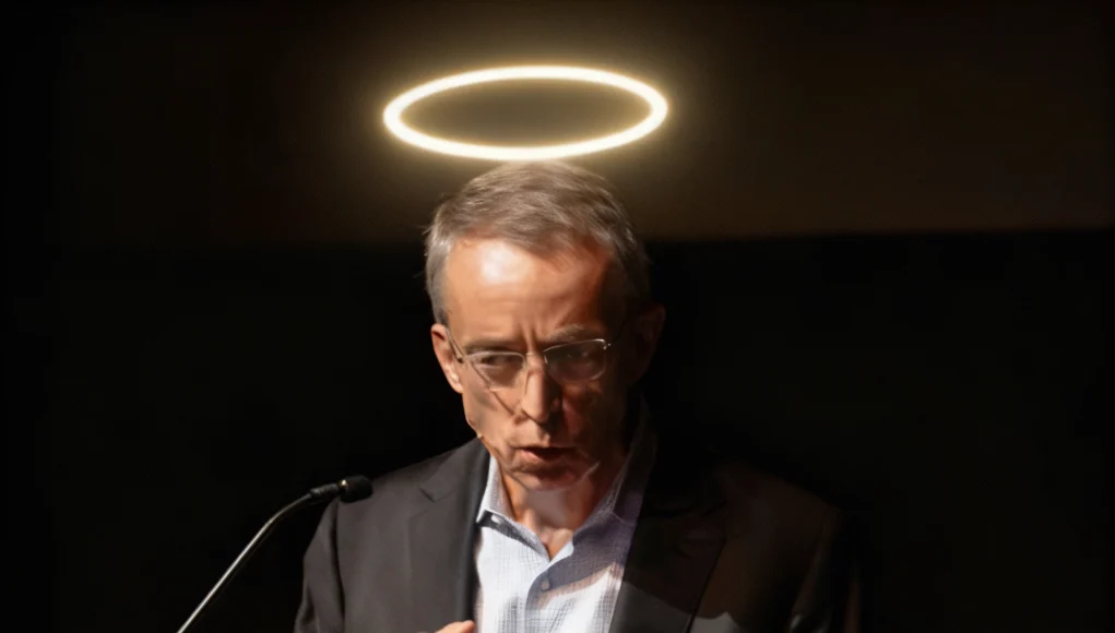 Gelsinger IA Cristiana Hombre mayor con traje y gafas hablando en un atril con micrófono, bajo una luz circular que parece un halo iluminado sobre su cabeza.