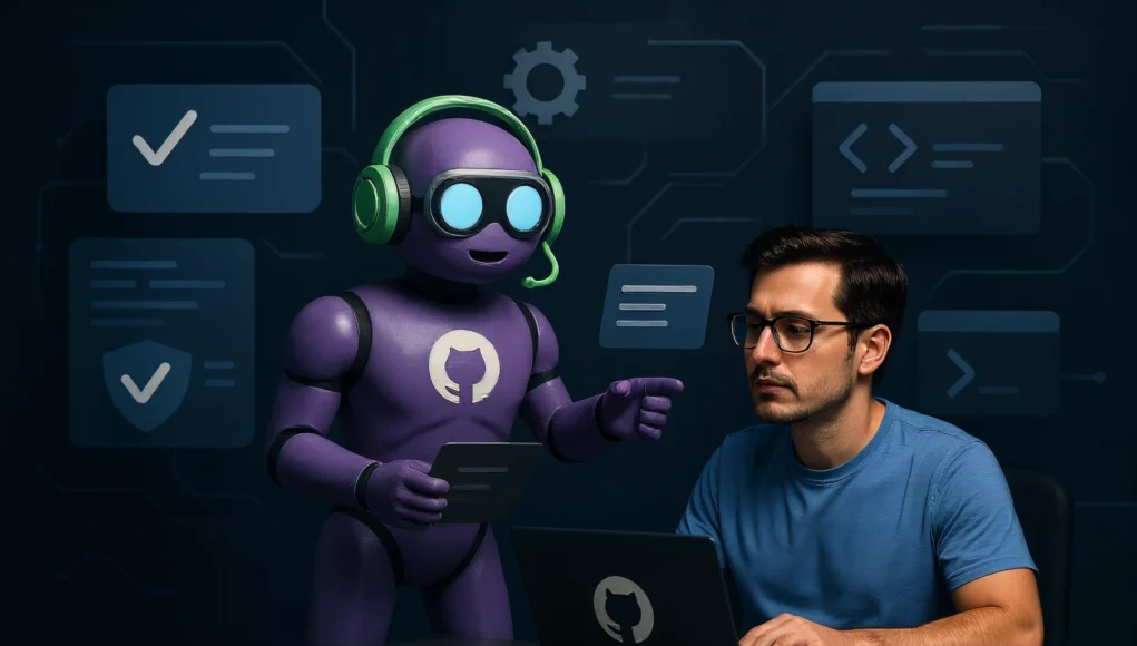 Desarrollador concentrado frente a su portátil con el logo de GitHub, mientras un robot púrpura con auriculares y el logo de GitHub Copilot en el pecho le señala la pantalla y sostiene una tarjeta digital. Al fondo se ven iconos flotantes relacionados con código, seguridad y automatización en un entorno tecnológico oscuro.