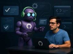 GitHub Copilot lanza nuevas funciones de agente autónomo y modernización de apps Desarrollador concentrado frente a su portátil con el logo de GitHub, mientras un robot púrpura con auriculares y el logo de GitHub Copilot en el pecho le señala la pantalla y sostiene una tarjeta digital. Al fondo se ven iconos flotantes relacionados con código, seguridad y automatización en un entorno tecnológico oscuro.