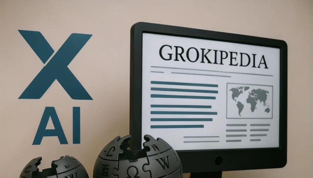 Grokipedia Wikipedia Ilustración digital que muestra un monitor con la página de Grokipedia en pantalla, acompañado de dos esferas con el logotipo de Wikipedia en una mesa y el logotipo de xAI en el fondo.