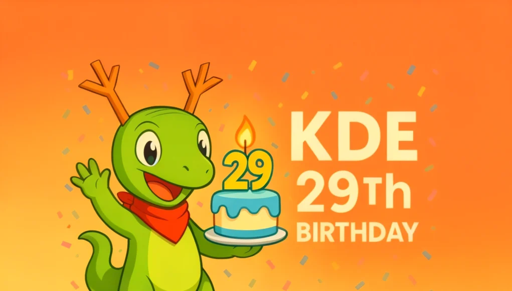 Ilustración del dinosaurio verde Konqi, la mascota de KDE, celebrando el 29º cumpleaños del proyecto. Konqi sonríe con un pañuelo rojo al cuello, sostiene un pastel con el número 29 en velas encendidas, y alrededor hay confeti sobre un fondo naranja con el texto 'KDE 29th Birthday'.
