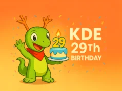 KDE celebra su 29º aniversario con una ambiciosa campaña de recaudación de fondos Ilustración del dinosaurio verde Konqi, la mascota de KDE, celebrando el 29º cumpleaños del proyecto. Konqi sonríe con un pañuelo rojo al cuello, sostiene un pastel con el número 29 en velas encendidas, y alrededor hay confeti sobre un fondo naranja con el texto 'KDE 29th Birthday'.