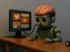Estudio demuestra que el cerebro de los LLM también se puede pudrir Un robot con aspecto deteriorado y un cerebro visible y dañado, conectado mediante un cable a un monitor que muestra iconos de redes sociales y contenido superficial. El robot aparece sentado frente a una mesa, con expresión triste, simbolizando el deterioro cognitivo causado por datos basura en modelos de IA.