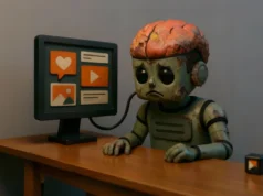 Estudio demuestra que el cerebro de los LLM también se puede pudrir Un robot con aspecto deteriorado y un cerebro visible y dañado, conectado mediante un cable a un monitor que muestra iconos de redes sociales y contenido superficial. El robot aparece sentado frente a una mesa, con expresión triste, simbolizando el deterioro cognitivo causado por datos basura en modelos de IA.