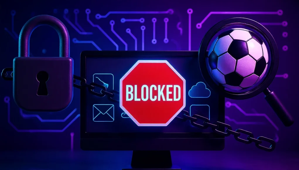 LaLigaGate Ilustración digital en tonos azul y violeta que representa el bloqueo de internet. En el centro aparece un monitor con un cartel rojo de “BLOCKED” en forma de señal de stop, asegurado con una cadena. A la izquierda se ve un candado metálico y a la derecha una lupa enfocando un balón de fútbol, simbolizando la relación entre el fútbol y el bloqueo de servicios legítimos en la red.