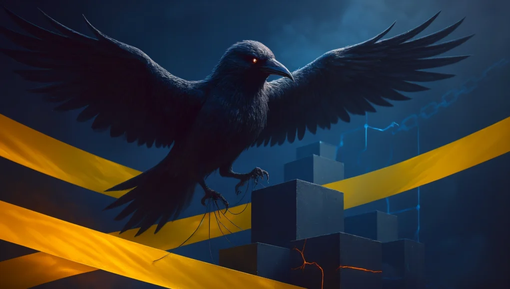 Malware NPM Un cuervo negro con ojos rojos extendiendo sus alas sobre bloques oscuros agrietados con líneas rojas brillantes, rodeado de cintas amarillas de precaución en un ambiente sombrío y tecnológico.