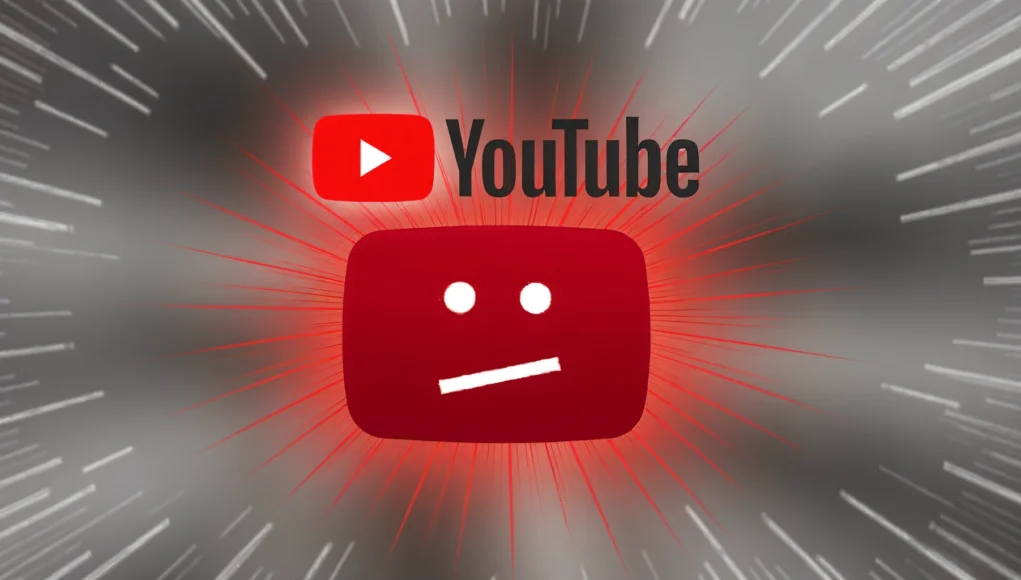 Logotipo de YouTube acompañado del ícono clásico de error con cara neutra en rojo, resaltado con un efecto dramático de rayos y destellos que irradian desde el centro sobre un fondo gris.