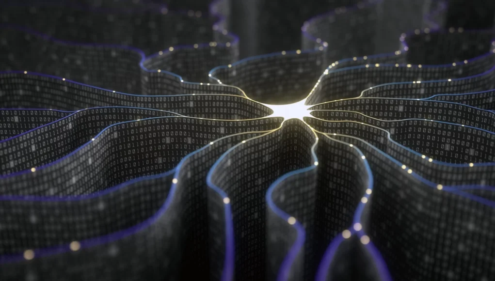Representación abstracta de una red neuronal artificial. Líneas onduladas oscuras recubiertas de números binarios (0 y 1) convergen hacia un punto brillante en el centro, simbolizando el procesamiento y flujo de datos en inteligencia artificial. Los bordes resaltados con tonos azules y dorados evocan conexiones neuronales digitales.