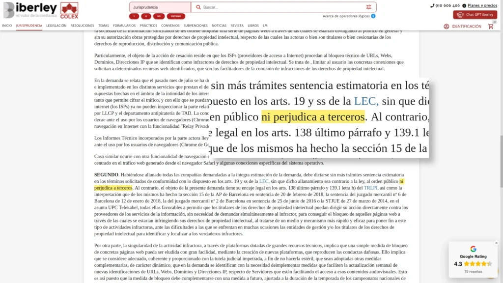 Captura de pantalla de la web Iberley con un artículo jurídico. Se observa un párrafo resaltado en amarillo con el texto “ni perjudica a terceros”, dentro de un fragmento sobre la Ley de Enjuiciamiento Civil (LEC). La interfaz muestra el menú superior con secciones de jurisprudencia, legislación, resoluciones, formularios y noticias.
