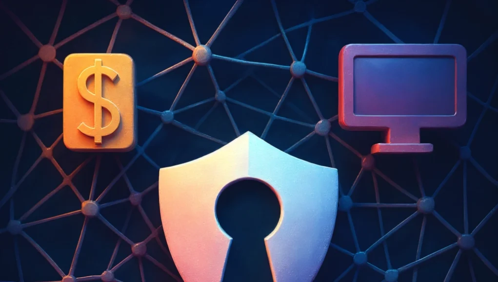 Ilustración abstracta de un candado en forma de escudo con un ojo de cerradura en el centro, rodeado de iconos de un símbolo de dólar, pantallas y una tarjeta, sobre un fondo oscuro con una red de conexiones interconectadas.