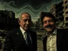 Desarrolladores abandonan Vercel y piden boicot tras selfie del CEO con Netanyahu Imagen con estilo artístico oscuro que muestra a dos hombres vestidos de traje posando frente a un escenario de edificios destruidos y en ruinas. El cielo tiene un efecto dramático de remolinos, lo que intensifica la atmósfera de devastación y contraste entre las figuras en primer plano y el fondo de destrucción.