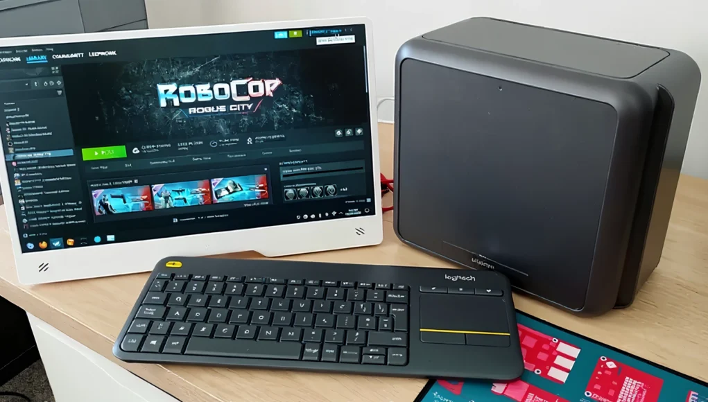 Videojuegos Linux Un pequeño setup de escritorio con monitor mostrando Steam y el juego RoboCop: Rogue City, acompañado de un teclado inalámbrico y un ordenador compacto sobre una mesa de madera.