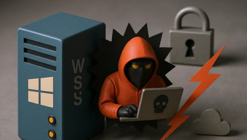 Vulnerabilidad WSUS Un hacker con sudadera roja y capucha que emerge de un servidor azul con el logo de Windows y las siglas WSUS. El personaje utiliza un portátil gris con una calavera negra en la tapa. A su alrededor aparecen un candado gris, un rayo naranja y una nube, simbolizando una vulnerabilidad de seguridad en Windows Server Update Services.
