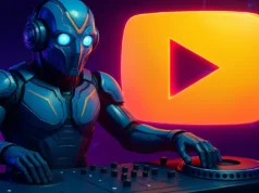 YouTube Music introduce un DJ con IA que habla entre canciones y no se puede desactivar Ilustración futurista de un robot DJ con auriculares y traje metálico azul manejando una consola de mezclas. Al fondo se ve un gran logotipo de YouTube en tonos naranjas y rosados brillantes, iluminando la escena con un ambiente cibernético y tecnológico.