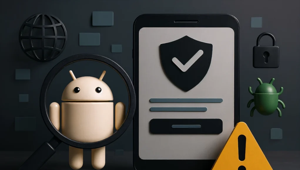 Android Seguridad Ilustración en estilo 3D de un muñeco del logo de Android bajo una lupa, junto a un smartphone con un icono de escudo de verificación en la pantalla. A la derecha aparece una señal de advertencia amarilla y un insecto verde que simboliza malware, sobre un fondo oscuro con iconos de ciberseguridad.