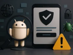 Google endurece la seguridad de Android: verificación obligatoria para desarrolladores llega con acceso anticipado Ilustración en estilo 3D de un muñeco del logo de Android bajo una lupa, junto a un smartphone con un icono de escudo de verificación en la pantalla. A la derecha aparece una señal de advertencia amarilla y un insecto verde que simboliza malware, sobre un fondo oscuro con iconos de ciberseguridad.