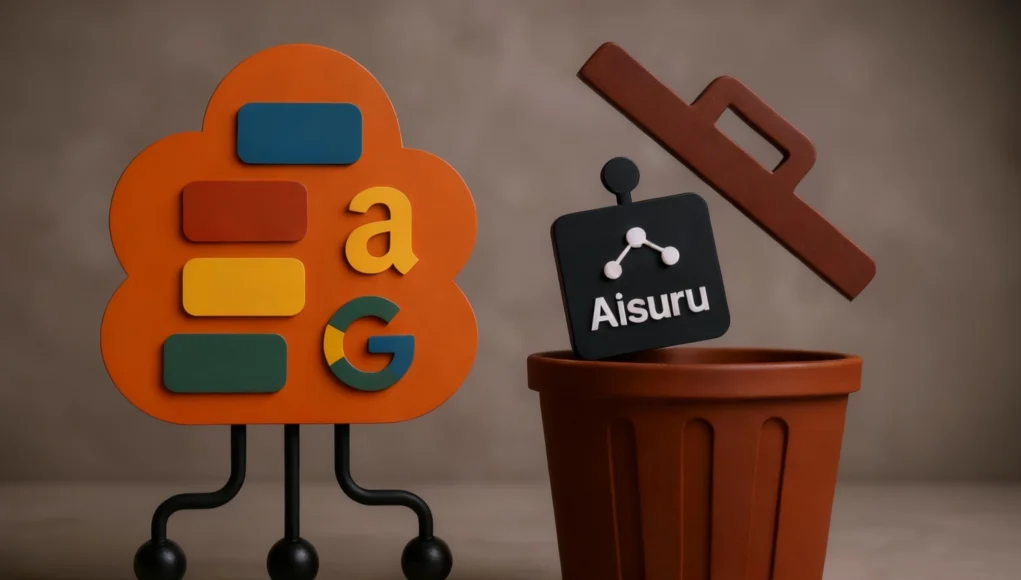 Ilustración abstracta en 3D que muestra una nube naranja con bloques de colores y letras que representan grandes empresas tecnológicas, conectada por cables tipo red. A la derecha, un cubo de basura marrón donde una placa negra con el nombre “Aisuru” y un icono de botnet está siendo arrojada, simbolizando la eliminación de la botnet por parte de Cloudflare.