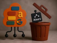 Cloudflare elimina dominios de la botnet Aisuru de su lista de sitios más visitados Ilustración abstracta en 3D que muestra una nube naranja con bloques de colores y letras que representan grandes empresas tecnológicas, conectada por cables tipo red. A la derecha, un cubo de basura marrón donde una placa negra con el nombre “Aisuru” y un icono de botnet está siendo arrojada, simbolizando la eliminación de la botnet por parte de Cloudflare.