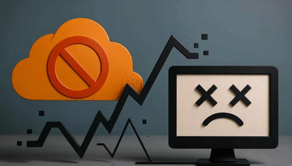 Cloudflare Outage Gráfico de línea en color verde que representa la disponibilidad del servicio entre las 11:00 y las 17:00, mostrando caídas pronunciadas por debajo del 50% entre las 11:30 y las 13:00, y otra caída destacada alrededor de las 15:00 antes de recuperarse.