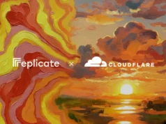 Cloudflare adquiere Replicate para reforzar su plataforma de desarrollo con IA Ilustración dividida en dos estilos: a la izquierda, un patrón abstracto con formas onduladas en tonos rojos, amarillos y rosas; a la derecha, un paisaje pintado al óleo con un atardecer brillante y nubes voluminosas sobre un horizonte reflejado en el agua. En el centro aparecen los logotipos de Replicate y Cloudflare separados por una “x”, indicando una colaboración entre ambas compañías.