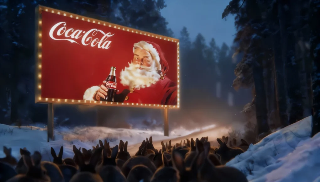 CocaCola IA Un grupo numeroso de conejos en un bosque nevado observa una gran valla publicitaria iluminada que muestra a Papá Noel sosteniendo una botella de Coca-Cola. La escena ocurre al atardecer o de noche, con nieve cubriendo el suelo y árboles alrededor, y una luz cálida proveniente del cartel que contrasta con el entorno frío.
