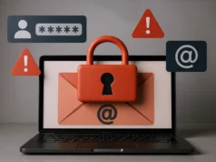 2 mil millones de direcciones de email expuestas en la mayor base de datos de credenciales jamás procesada Ordenador portátil con la pantalla mostrando un sobre de correo electrónico y un gran candado rojo encima, simbolizando la seguridad de las contraseñas y correos. Alrededor del portátil aparecen iconos flotantes: un campo de contraseña con asteriscos, dos triángulos de advertencia con signos de exclamación y símbolos de arroba (@), representando riesgos y filtraciones de credenciales.